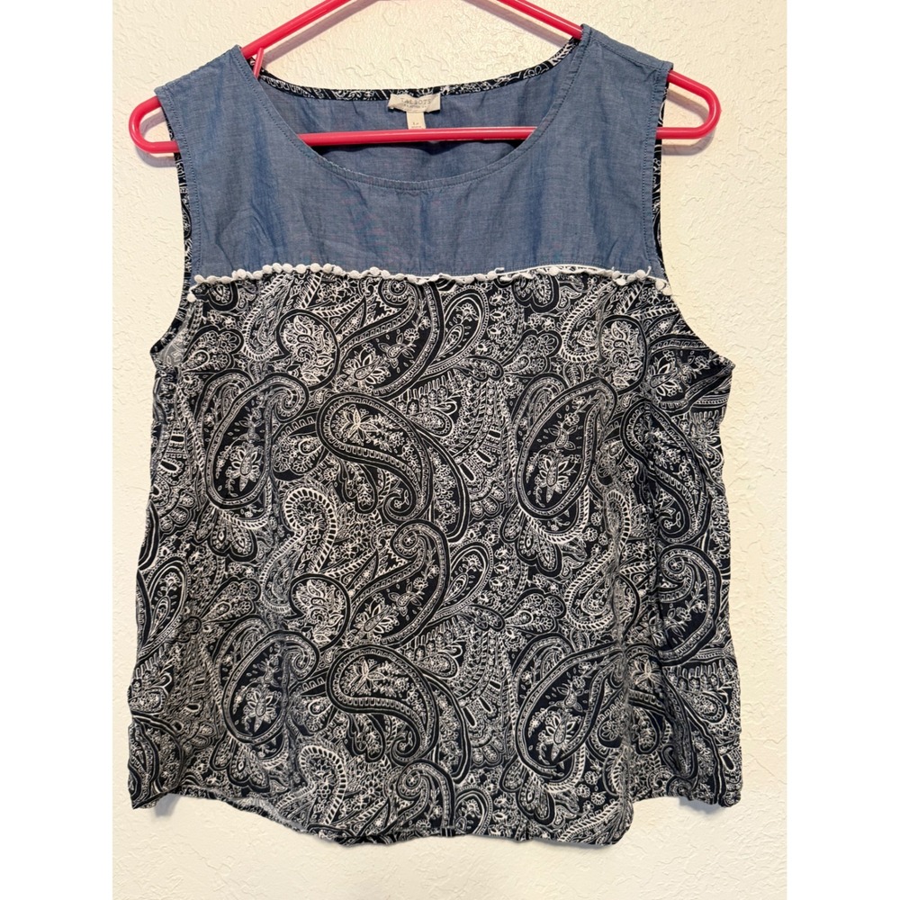 Talbots Petites Sleeveless Paisley Blouse Blue Chambray Yoke Pom Pom Trim LP